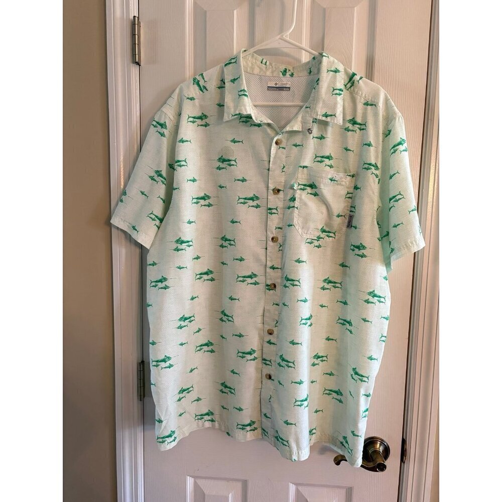 Columbia Mens Button Down Fish Shirt Green XL